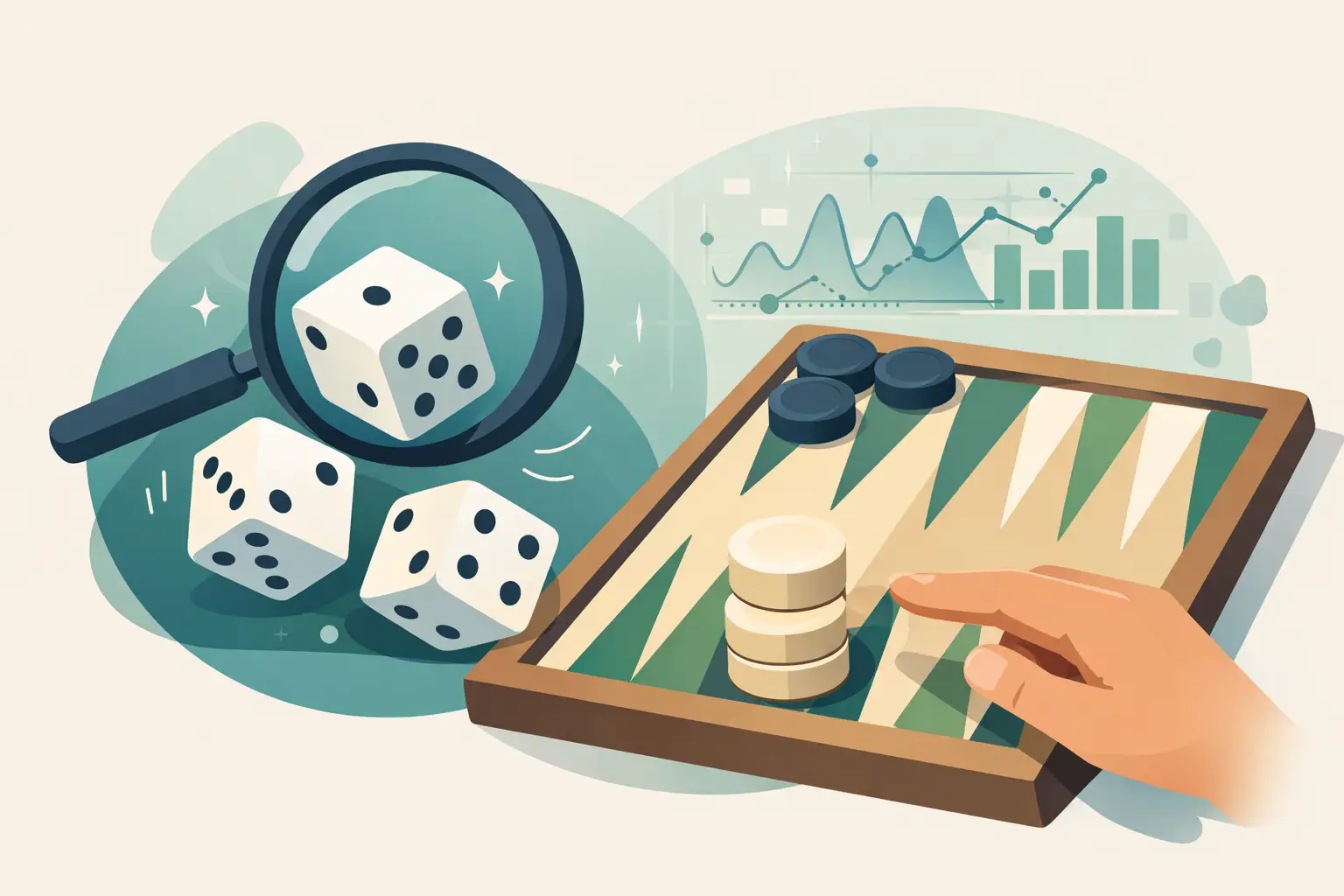 A magnifying glass held over three white dice beside a wooden backgammon board, a hand reaching for a stack of pale checkers on the board, and faint line and bar charts in the background.