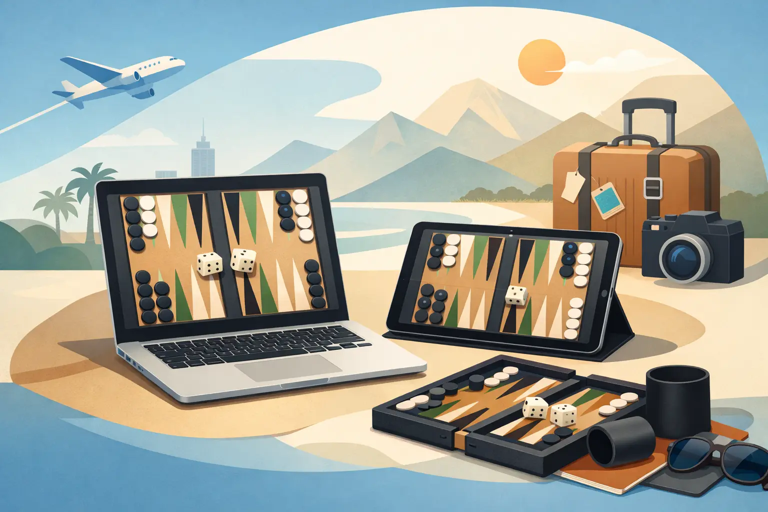 An open laptop and a tablet standing on a sandy beach, each screen showing a backgammon board with green and tan points and dice, a folding wooden backgammon set with dice cups in front of them, and a suitcase, a camera, mountains, palm trees and an airplane in the sky behind.
