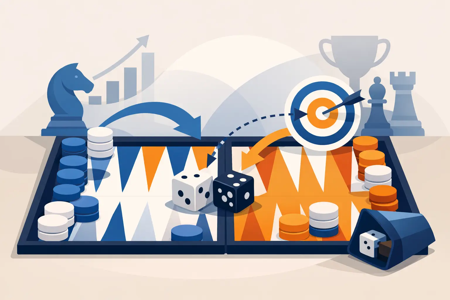 A backgammon board set up with blue and orange checkers, two dice in the middle, curved arrows over the board showing the direction of play, and a trophy, a dartboard and chess pieces behind it.