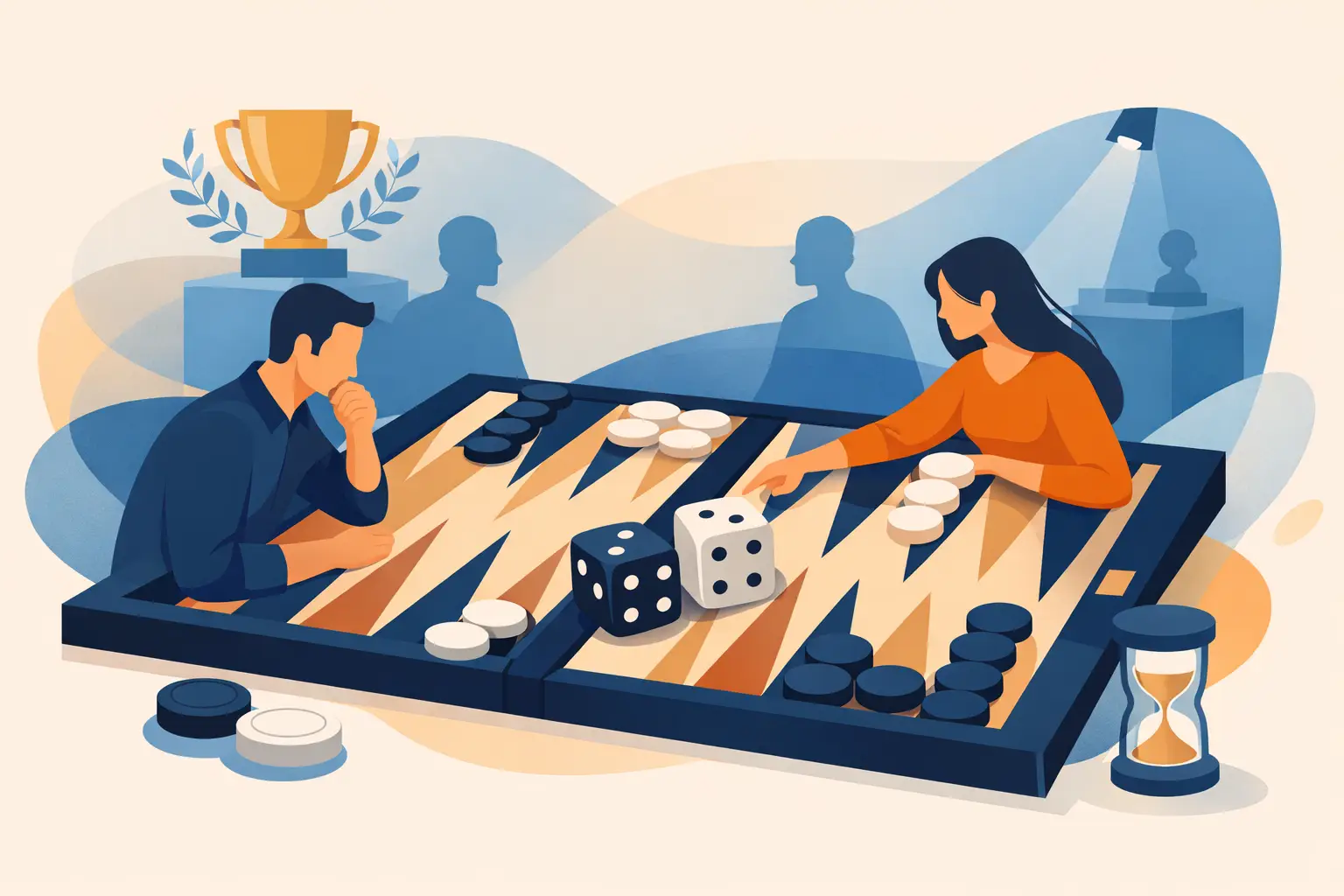A man in a dark shirt and a woman in an orange jumper sitting on either side of a backgammon board, two large dice between them, an hourglass to the right, and a trophy and spectator silhouettes behind.