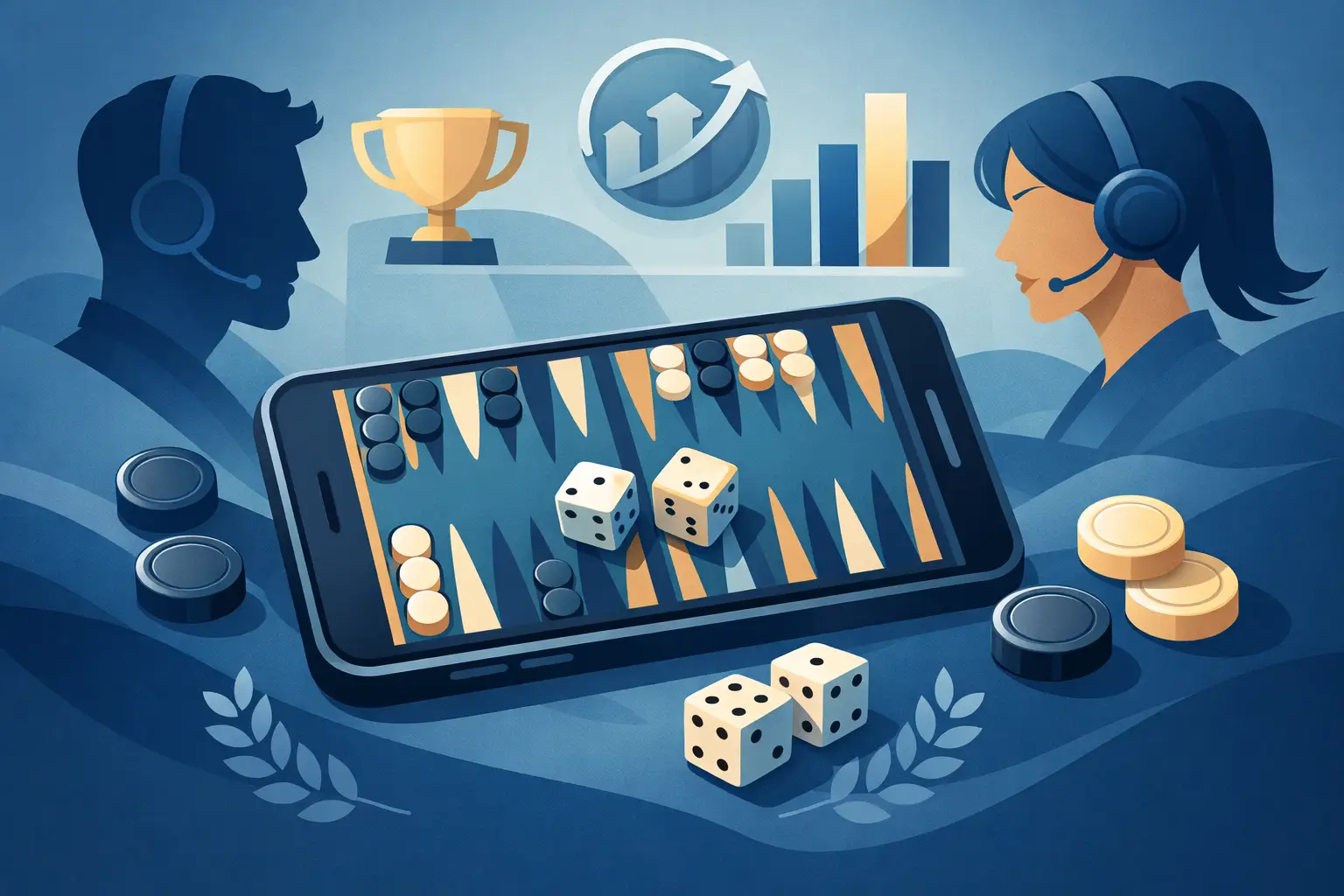 En smartphone, der ligger på en blå flade og viser et backgammonbræt med to terninger på skærmen, omgivet af flere terninger og mørke og cremefarvede brikker, en mand og en kvinde med headset i profil på hver side, og en gylden pokal og stigende grafer i baggrunden.