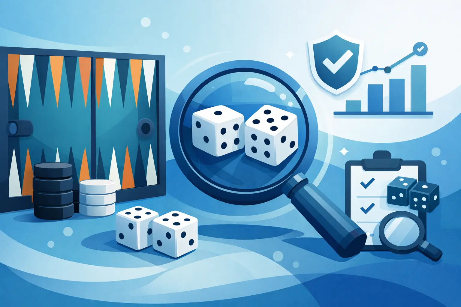 A backgammon board with two dice in the foreground and a verification record beside it, the rolls on the board matching the sequence on the record.