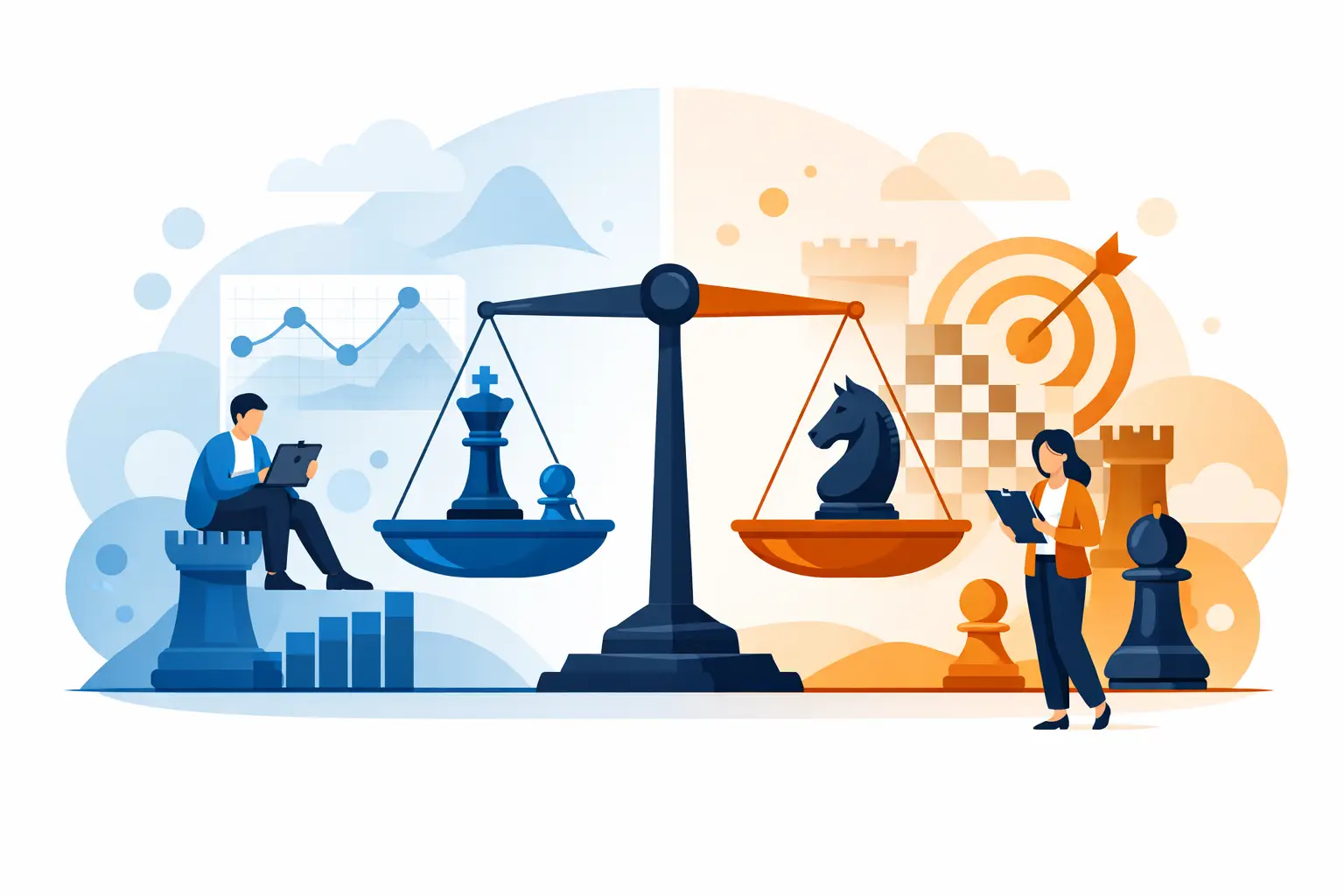 A pair of scales in the centre, blue chess pieces in the left pan and a dark knight in the orange right pan, a man with a laptop seated on the left, a woman with a clipboard on the right, and a line chart and dartboard behind them.