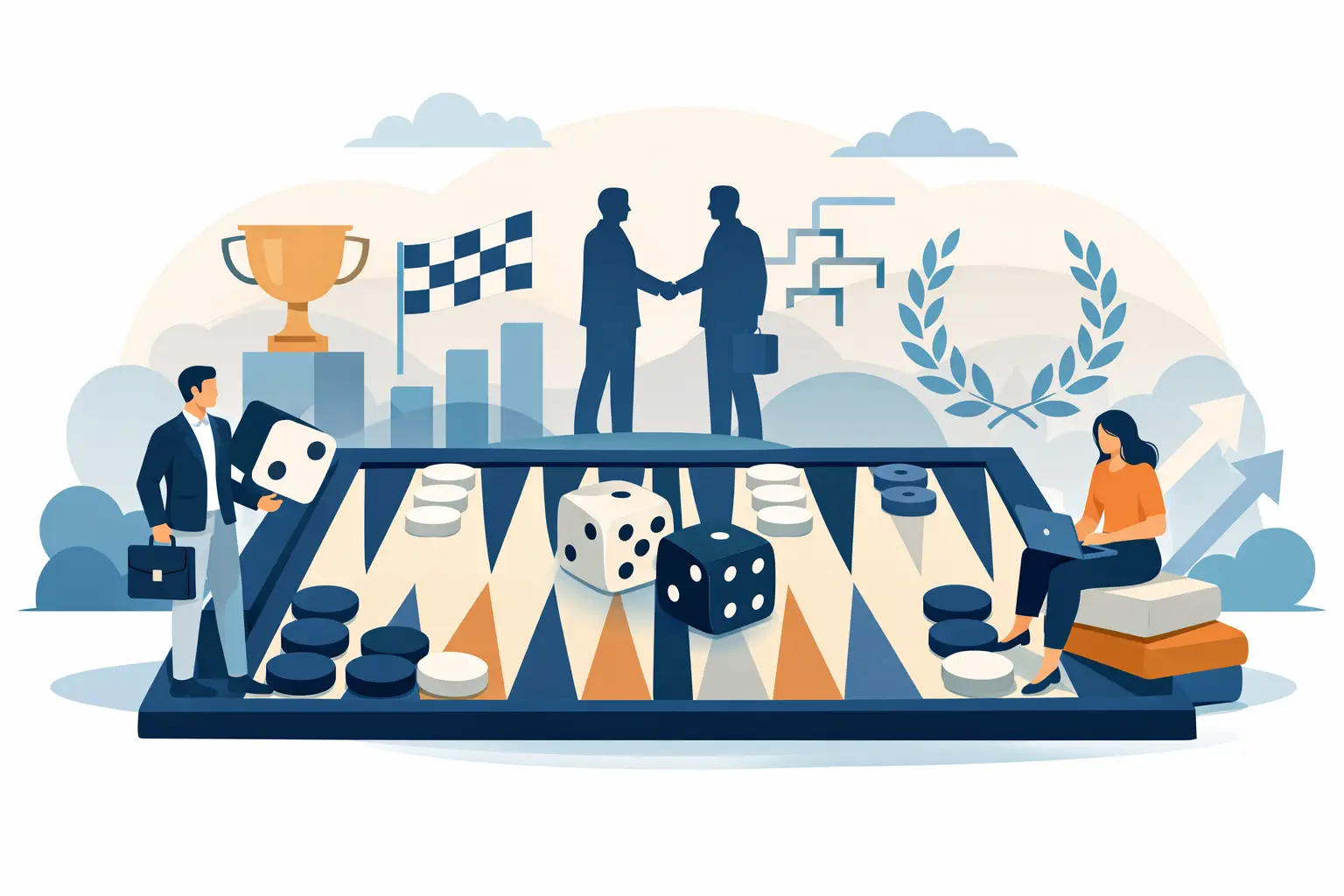 A flat illustration of a large backgammon board with two big dice on it, a man in a jacket holding a die on the left, a woman with a laptop sitting on the right, and behind them a trophy, a checkered flag, a bracket diagram, laurel branches and two silhouettes shaking hands.