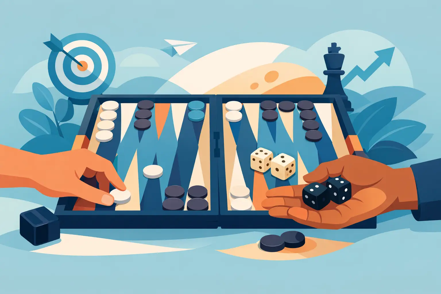 Two hands over an open backgammon board, the left one placing a white checker on a point and the right one holding two black dice, with cream dice resting on the board, a dartboard hit in the bullseye and a chess king with a rising arrow in the background.