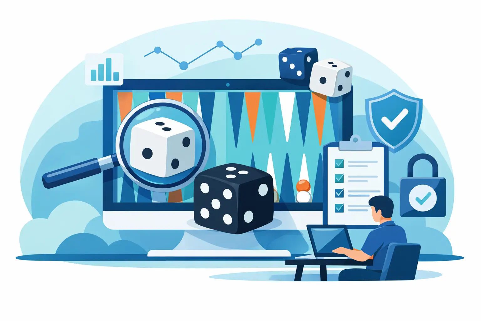 A monitor showing a backgammon board with a magnifying glass held over one white die, more dice around it, and beside the screen a ticked checklist, a shield and a padlock each carrying a check mark, while a person works at a laptop in the corner.