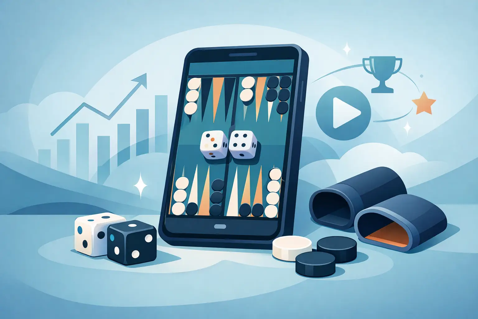 A flat illustration on pale blue: an upright phone showing a backgammon board with cream and dark checkers and two dice, a rising bar chart and loose dice to its left, a play button, a trophy and a star to its right.