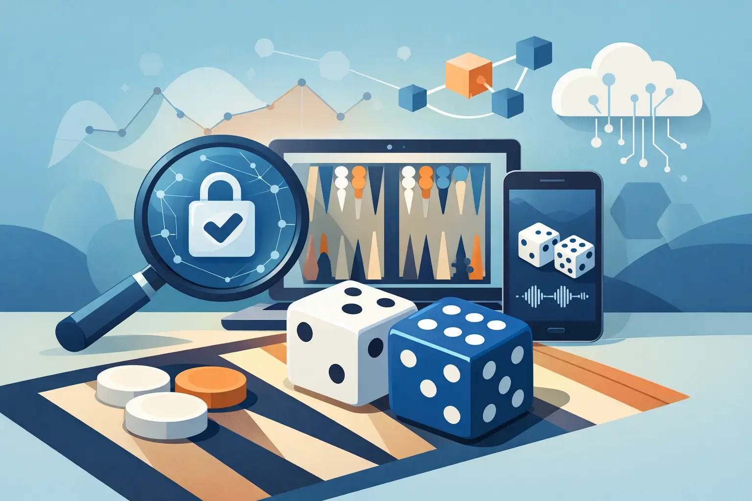 A magnifying glass showing a padlock with a tick, a laptop displaying a backgammon board, a phone showing two dice, two large dice on a board in the foreground and a network diagram and cloud icon behind.