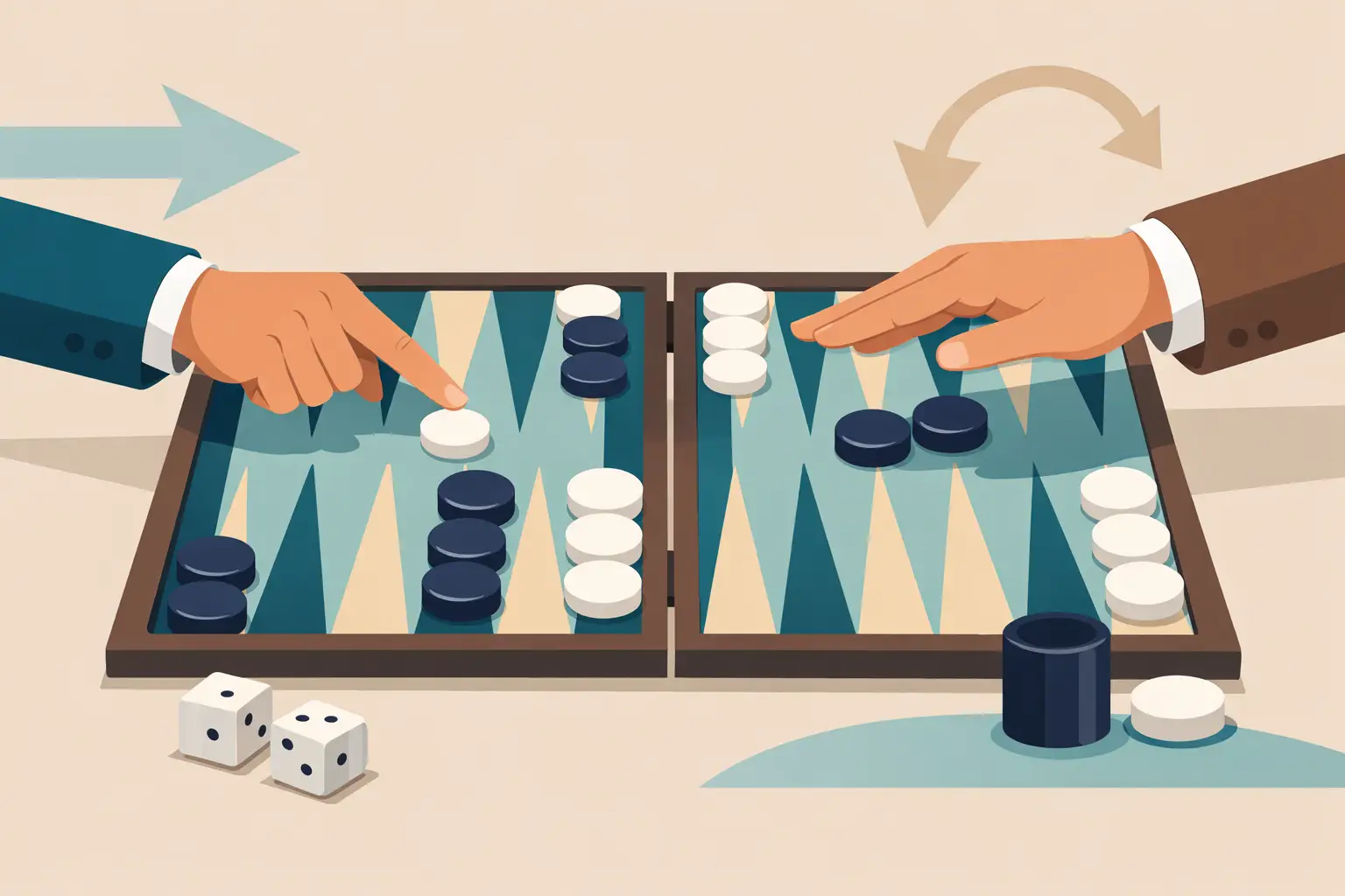Two hands reaching in from opposite sides of a teal and cream backgammon board, one about to place a white checker, two dice resting to the left of the board and a doubling cube to the right.