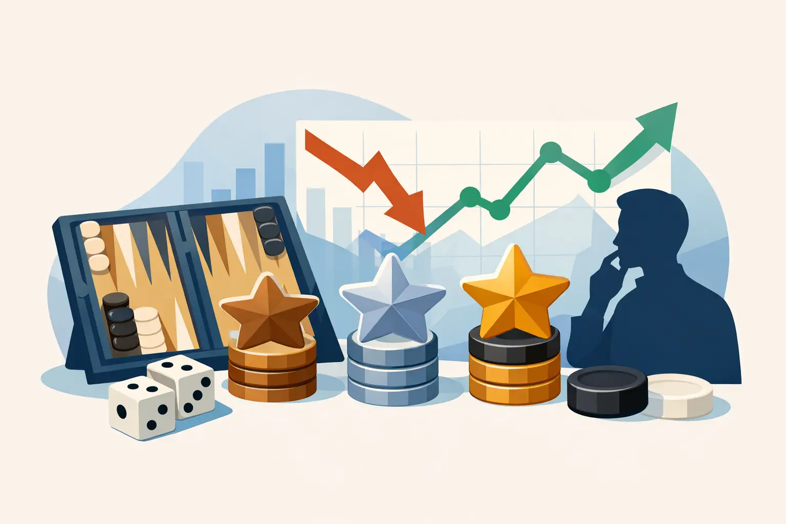 A backgammon board on the left, two dice in front of it, three star trophies on stacked checkers in bronze, silver and gold, a chart behind them with a falling red arrow and a rising green line, and a thinking figure in silhouette.