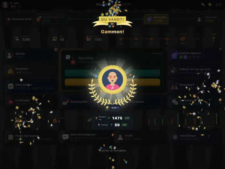 Winning screen showing a gammon (mars) result (iPad)