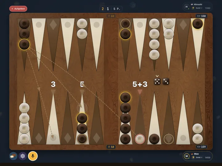 Backgammon board mid-game with the dice rolled (iPad)