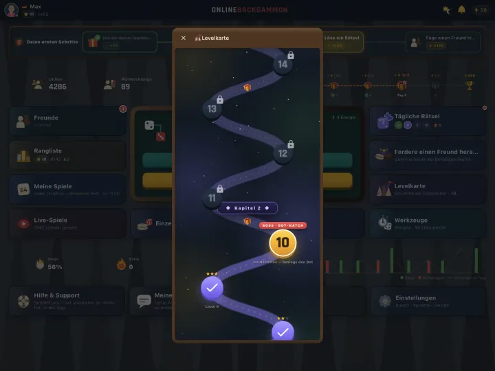 Puzzle level map with daily challenges (iPad)