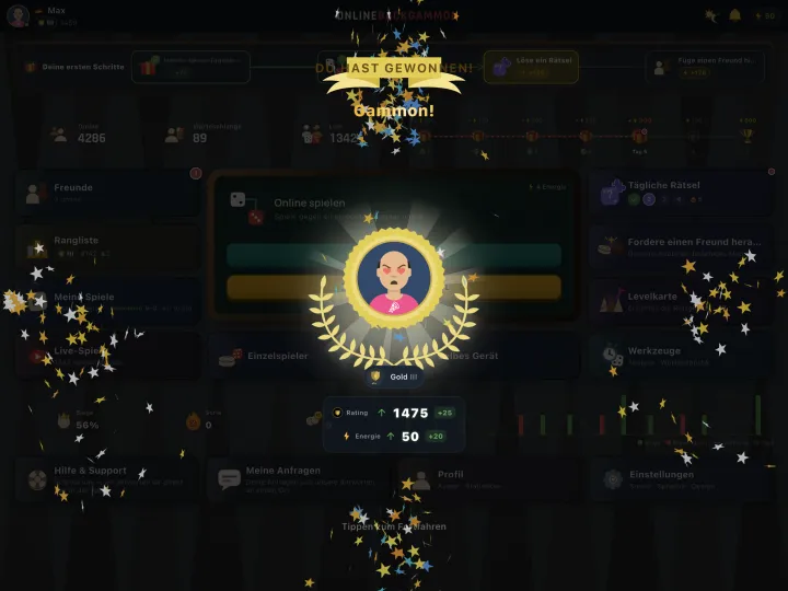 Winning screen showing a gammon (mars) result (iPad)