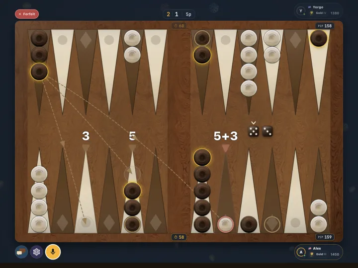 Backgammon board mid-game with the dice rolled (iPad)