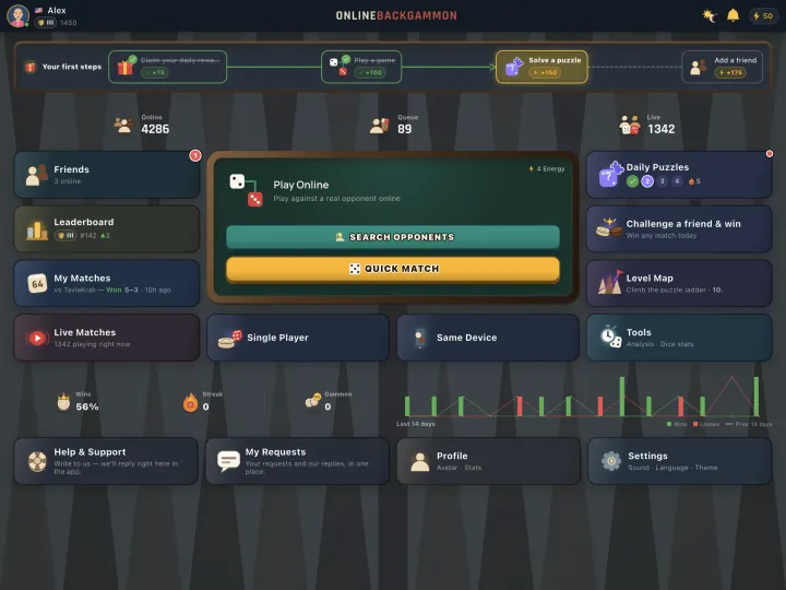 Home hub with online, queue and live match counts (iPad)