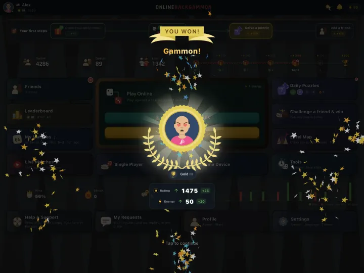 Winning screen showing a gammon (mars) result (iPad)