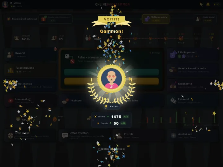 Winning screen showing a gammon (mars) result (iPad)