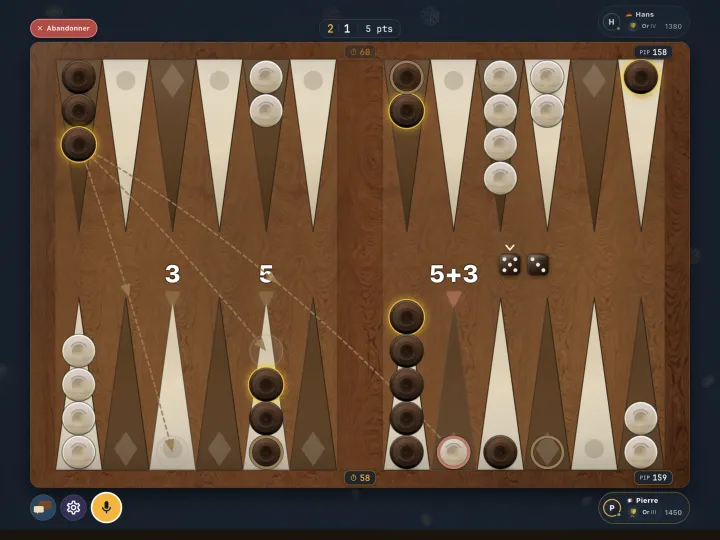 Backgammon board mid-game with the dice rolled (iPad)