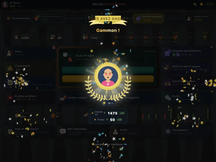 Winning screen showing a gammon (mars) result (iPad)