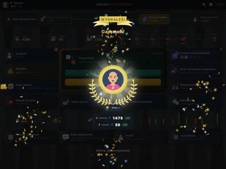 Winning screen showing a gammon (mars) result (iPad)
