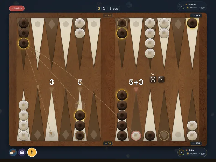 Backgammon board mid-game with the dice rolled (iPad)