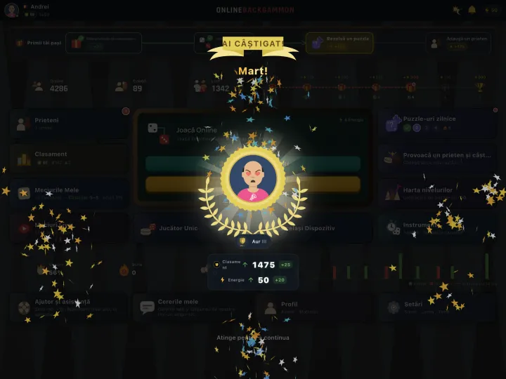 Winning screen showing a gammon (mars) result (iPad)