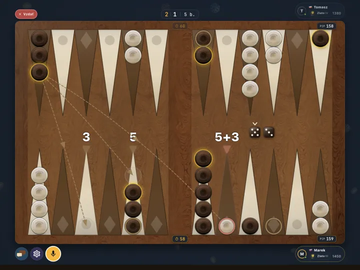 Backgammon board mid-game with the dice rolled (iPad)