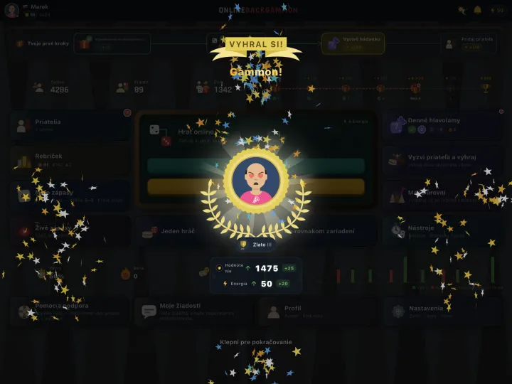 Winning screen showing a gammon (mars) result (iPad)