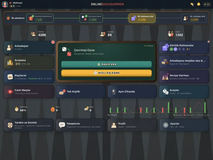 Home hub with online, queue and live match counts (iPad)