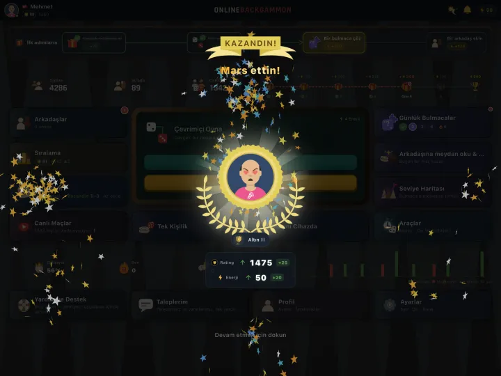 Winning screen showing a gammon (mars) result (iPad)