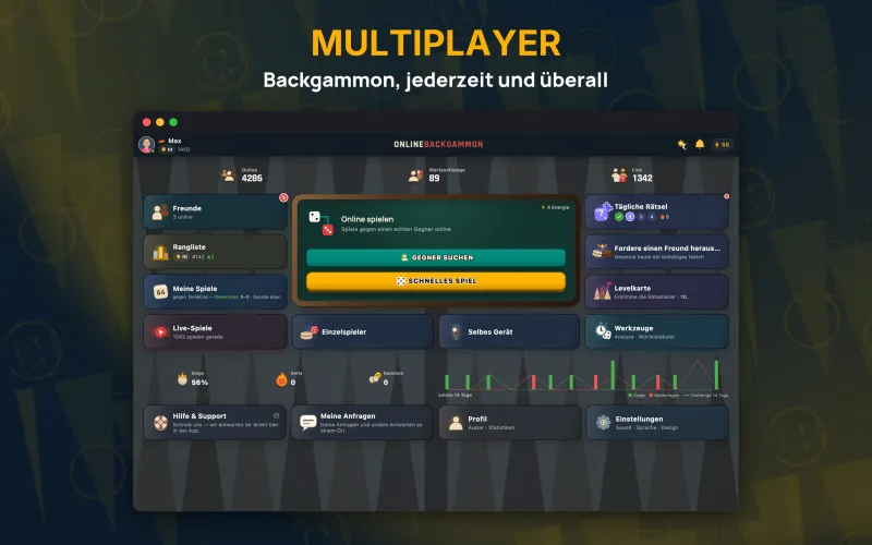 Home hub with online, queue and live match counts (Mac)