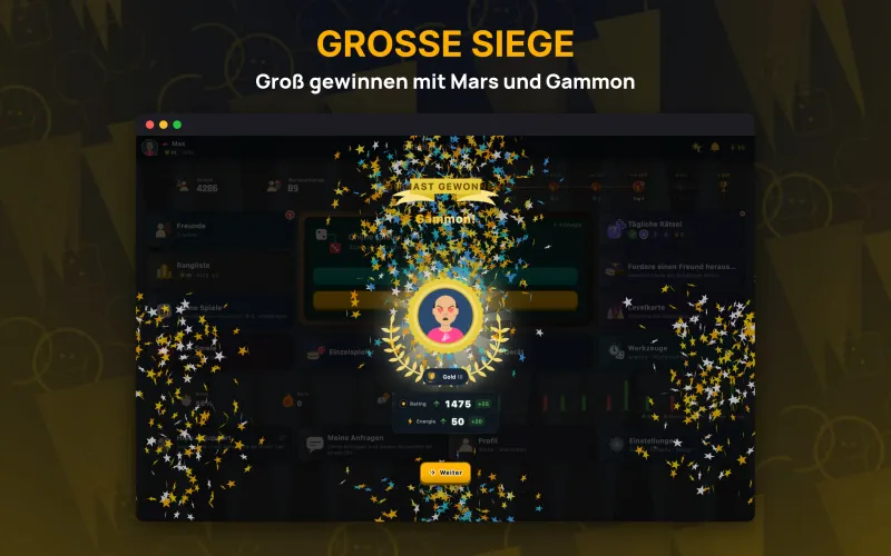 Winning screen showing a gammon (mars) result (Mac)