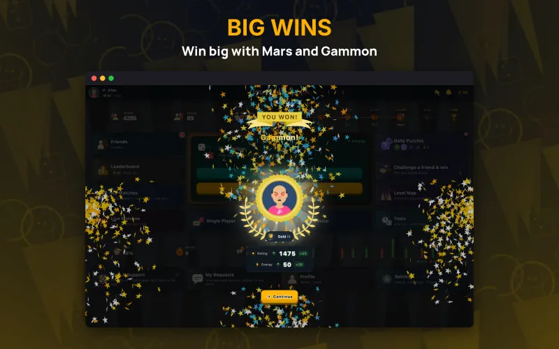 Winning screen showing a gammon (mars) result (Mac)