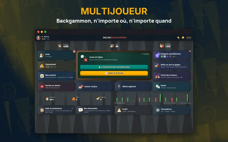 Home hub with online, queue and live match counts (Mac)