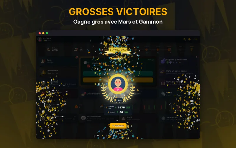 Winning screen showing a gammon (mars) result (Mac)