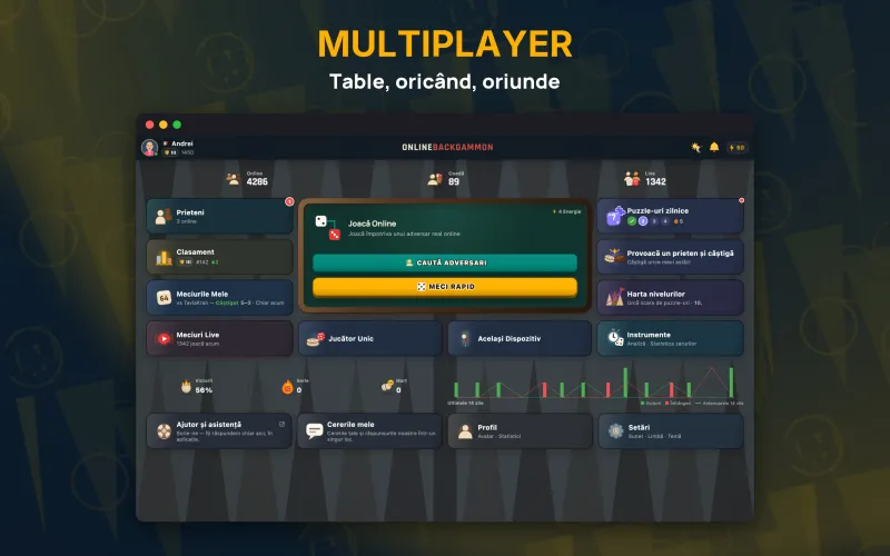 Home hub with online, queue and live match counts (Mac)
