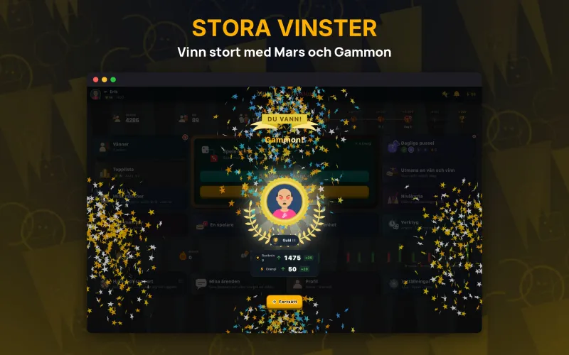 Winning screen showing a gammon (mars) result (Mac)