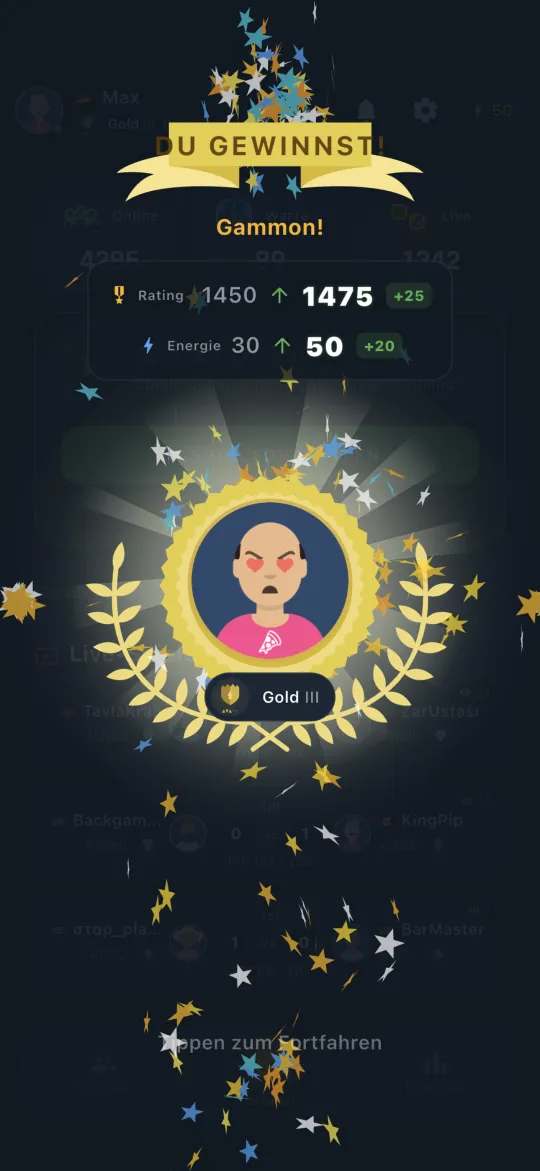 Winning screen showing a gammon (mars) result
