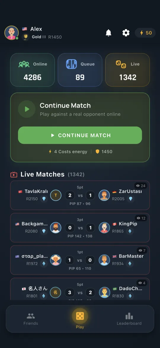 Home hub with online, queue and live match counts