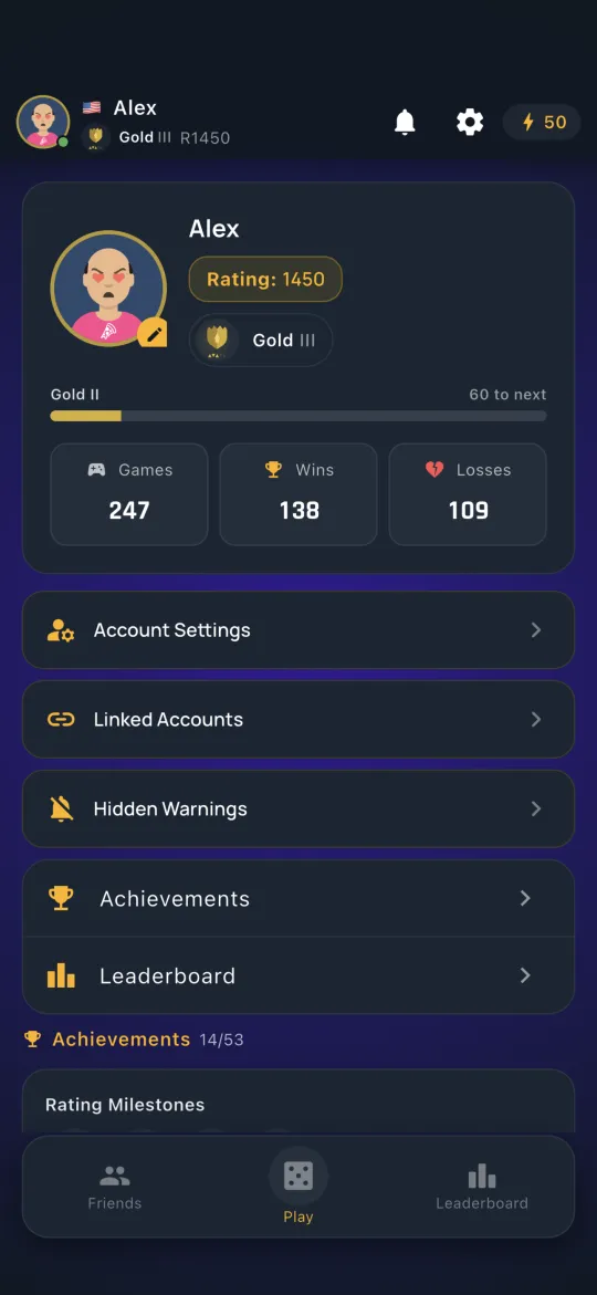 Player profile with achievements
