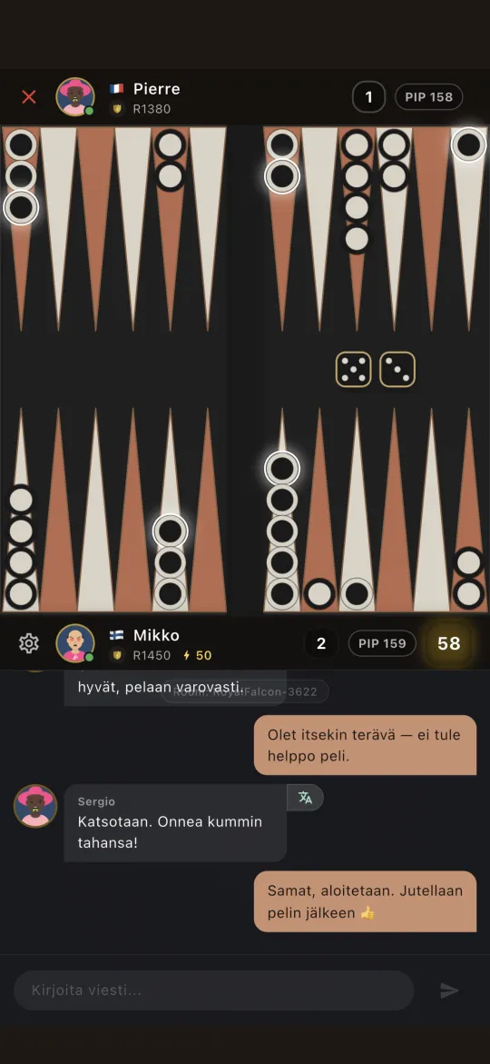 Backgammon board mid-game with the dice rolled