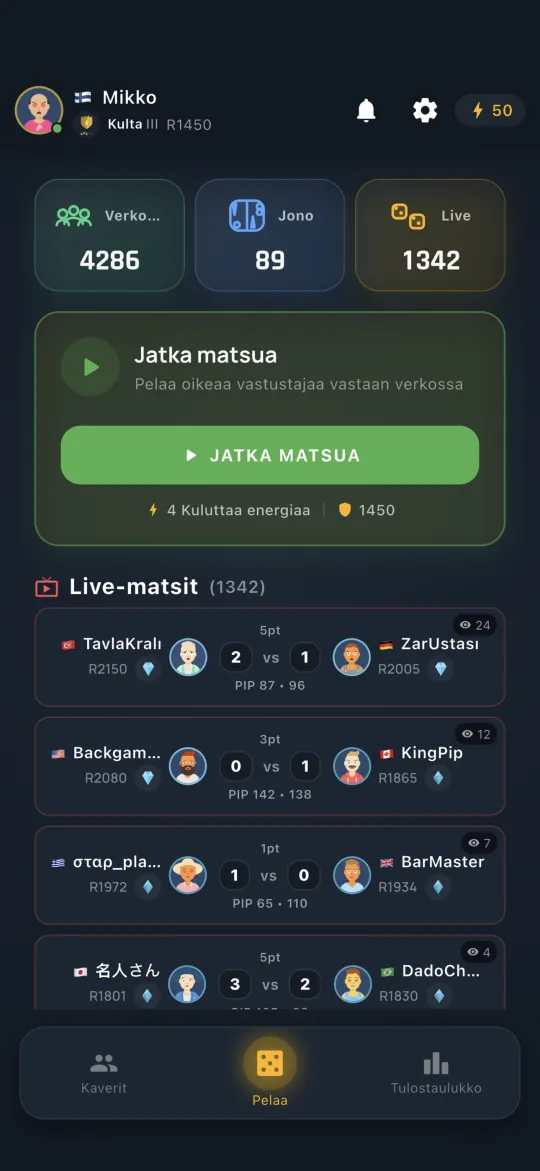 Home hub with online, queue and live match counts