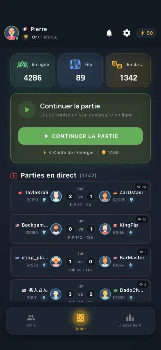 Home hub with online, queue and live match counts