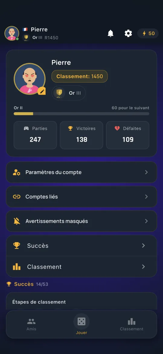Player profile with achievements