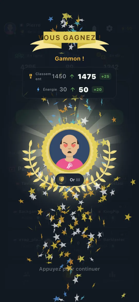 Winning screen showing a gammon (mars) result