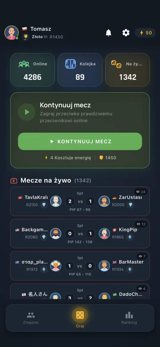 Home hub with online, queue and live match counts