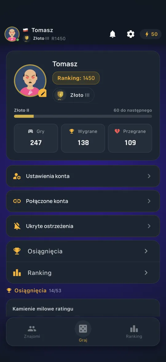 Player profile with achievements