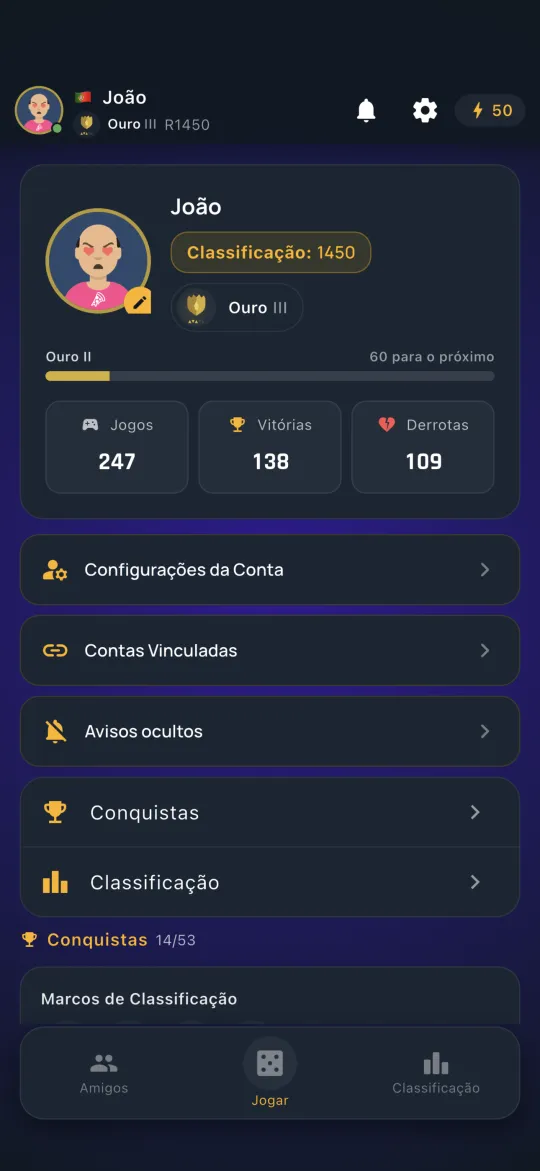 Player profile with achievements