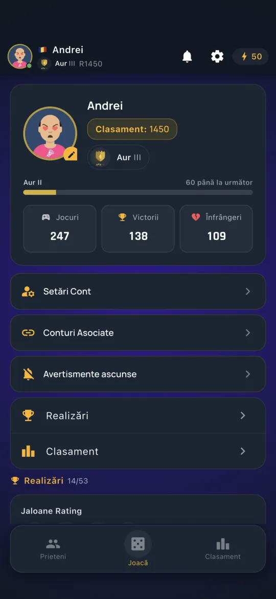 Player profile with achievements